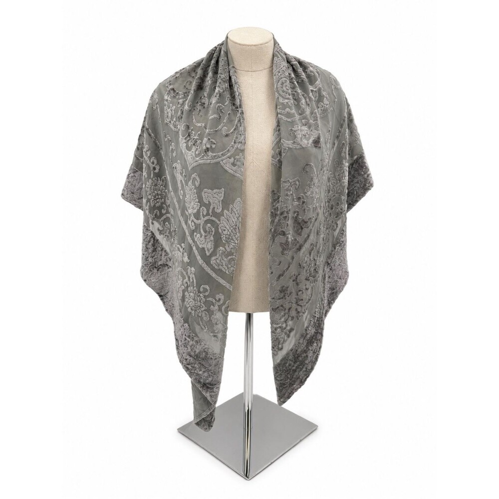 Cejon Gray Burnout Velvet Floral Square Scarf Wrap Shawl Made in India